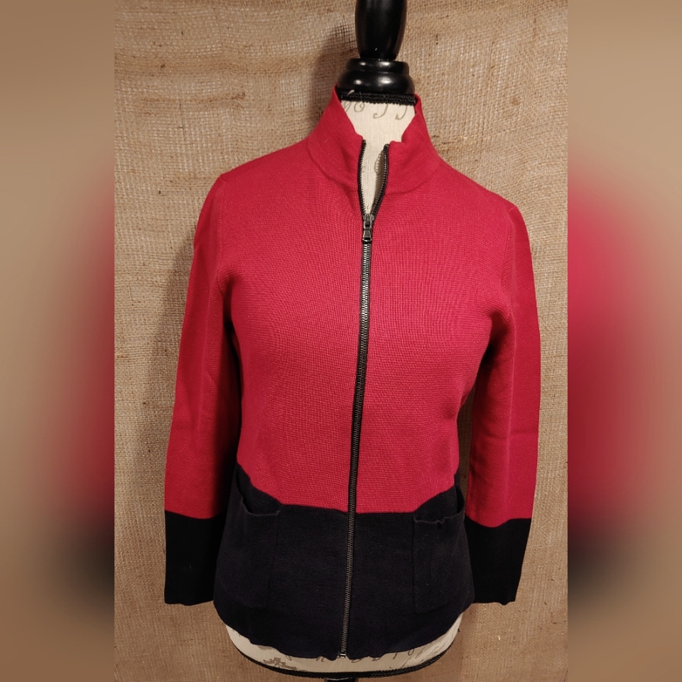 Chico's Karma Zippered Collared Cardigan Colorblock Red/Black - Size 1